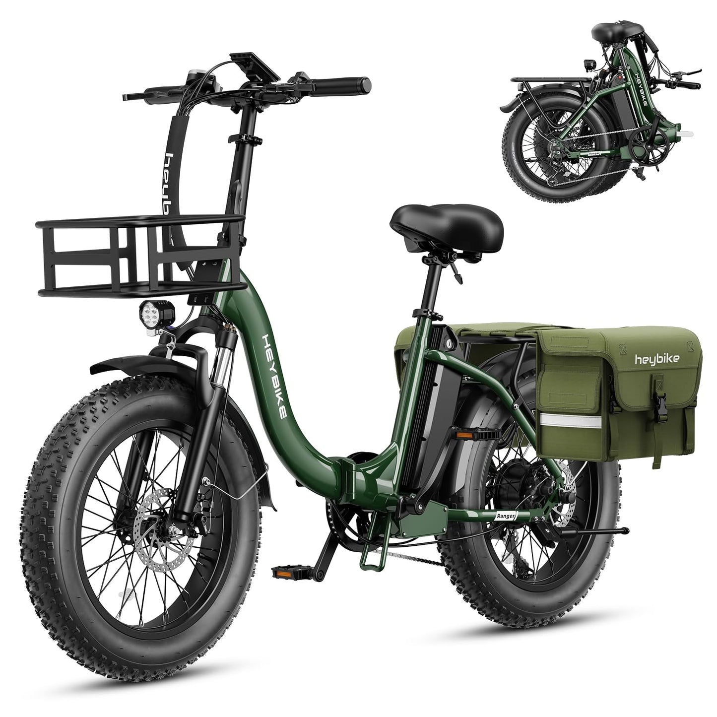 Heybike Ranger Electric Bike for Adults, Peak 1400W Upgraded Motor Ebike, 28MPH [20" Fat Tire All-Terrain] 600Wh Removable Battery Folding Step-Thru E Bike with Front Suspension