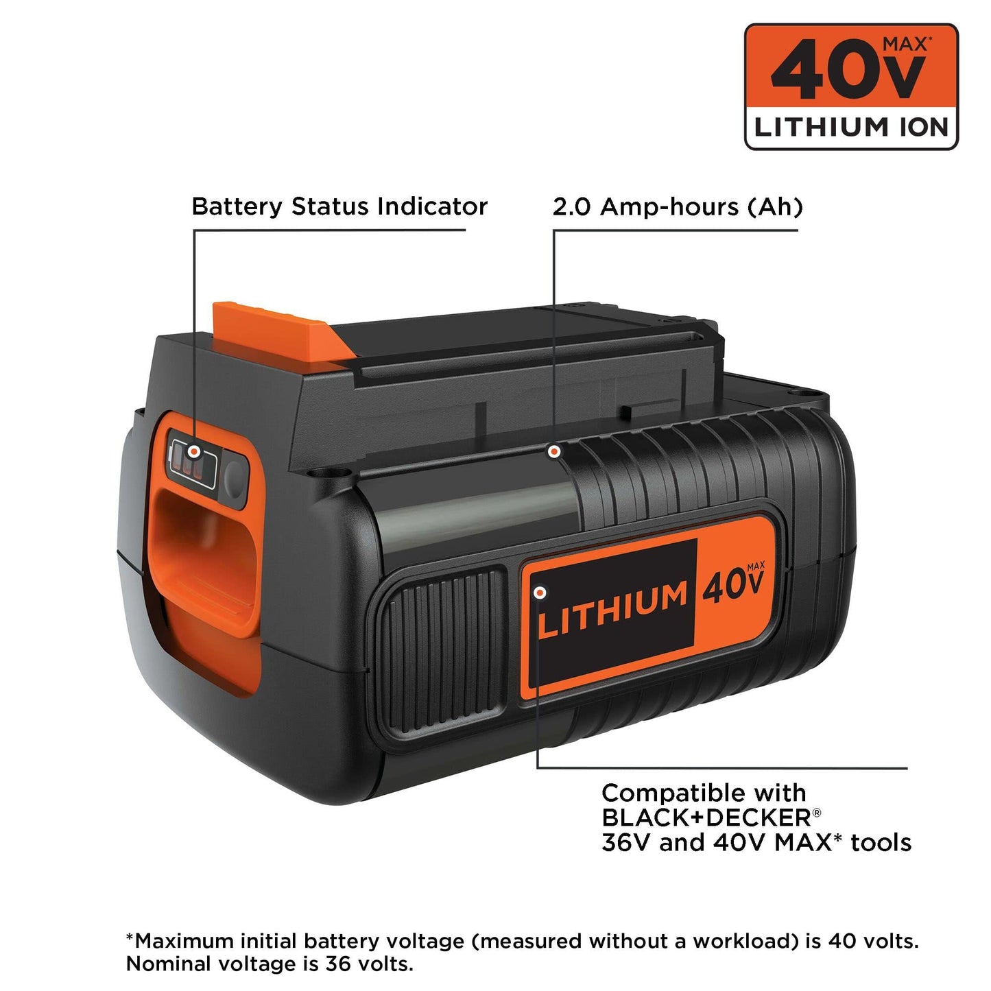 BLACK+DECKER 40V MAX Lithium Battery, Compatible with 36V and 40V MAX Power Tools, Lithium Ion Technology, Charger Not Included (LBX2040)