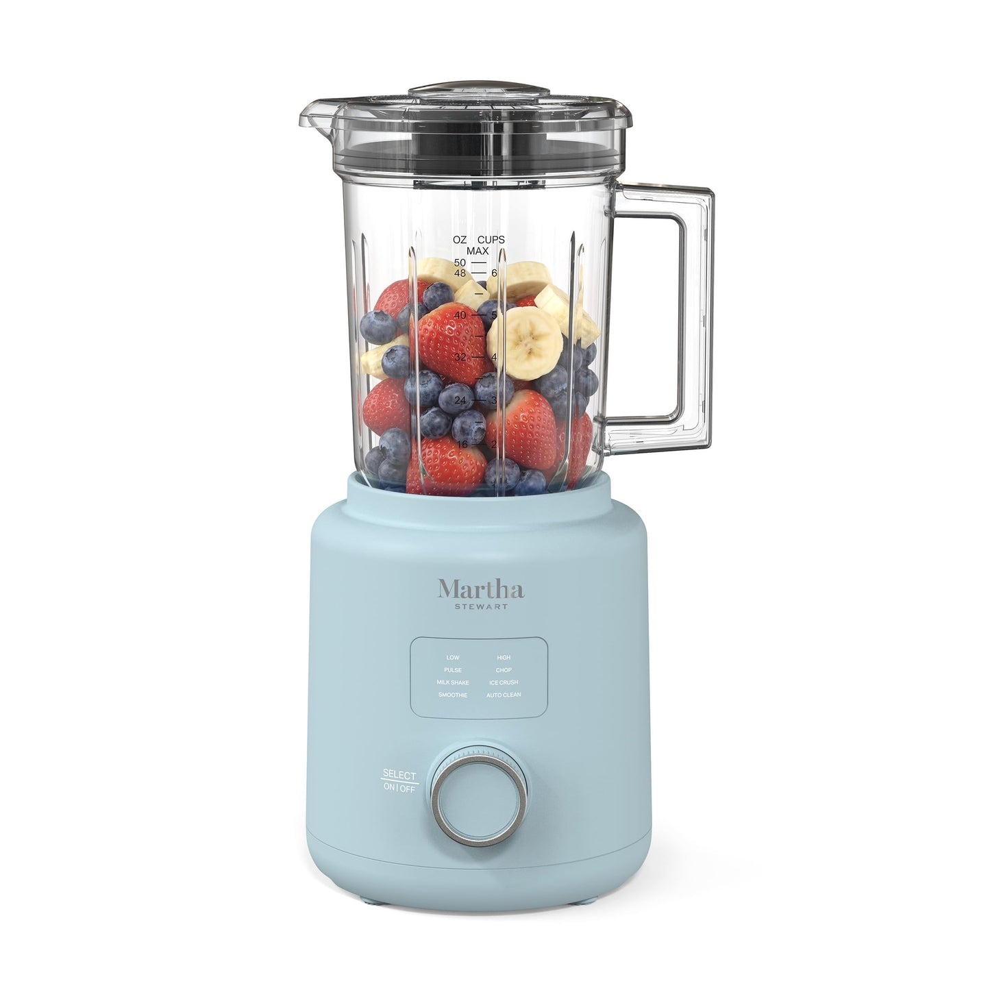Martha Stewart 50oz Countertop Blender, Smoothie, Margarita & Ice Crushing Blender, BPA-Free Pitcher, 3 Speeds, 5 Presets, Auto-Clean Function, Dishwasher Safe, Stainless Steel Blades, Sky Blue