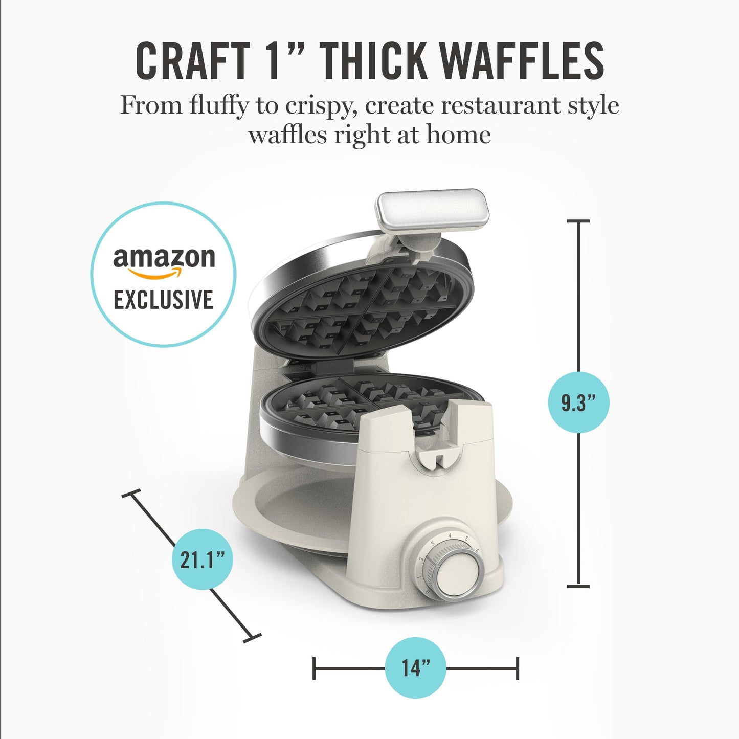 Martha Stewart Rotating Waffle Maker, 180° Flip Iron with PFAS-Free Nonstick Plates, Adjustable Timer, Ready Light, Drip Tray, Space Saving, Classic Round 7”, Easy to Clean, Stainless Steel, Sky Blue