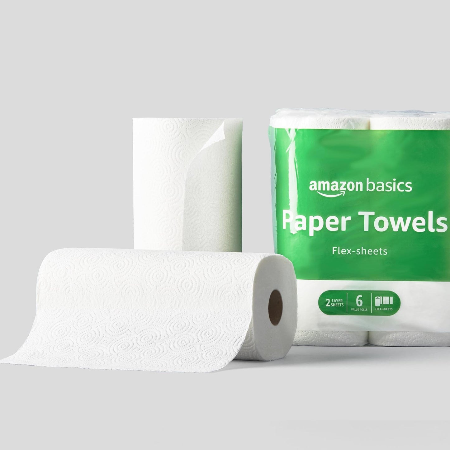 Amazon Basics 2-Ply Flex-Sheets Paper Towels, 6 Basics Rolls = 16 Regular Rolls, Everyday Value with 150 Sheets per Roll