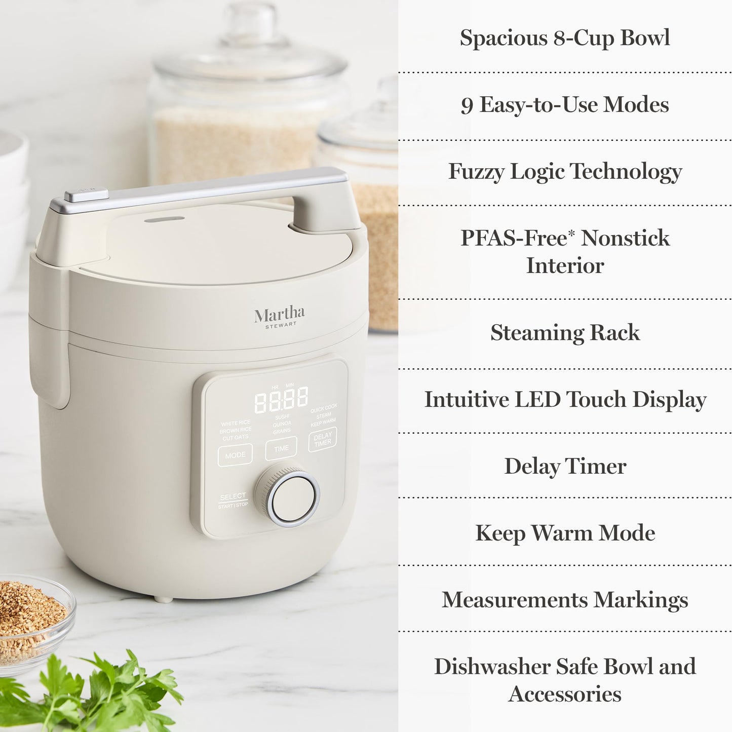 Martha Stewart Rice Cooker, 4 Cup (Uncooked) / 8 Cup (Cooked), Ceramic Non-Stick Removable Pot, Keep Warm, Measure Markings, Steam Basket, Brown & Sushi Rice, Quick Cook, Quinoa, Grains, Oats, Caviar Gray