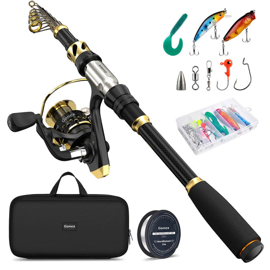 Fishing Rod and Reel Combo Telescopic Pole Set with Fishing Line, Fishing Lures Kit and Carrier Bag for Sea Saltwater Freshwater, 6/7/8/9 Feet