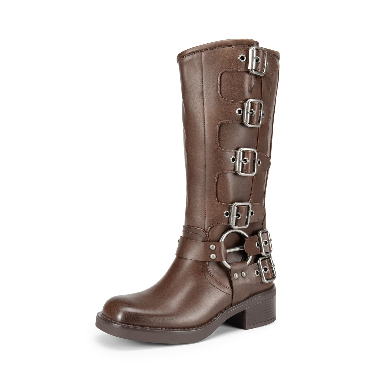 DREAM PAIRS Women's Knee High Riding Boots Slip On Motorcycle Boots Square Toe Chunky Heel Fashion Buckles Biker Boots