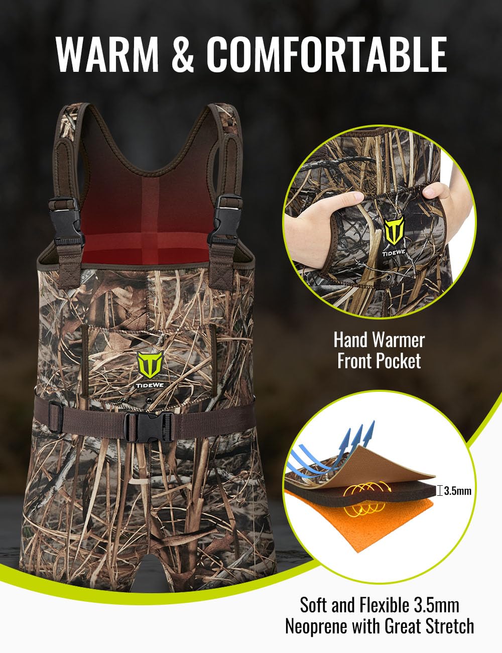 TIDEWE Chest Waders for Toddler & Children, Neoprene Waterproof Insulated Hunting & Fishing Youth Waders for Boy and Girl, Cleated Bootfoot Kids Wader, Next Camo Evos (Size 3T)
