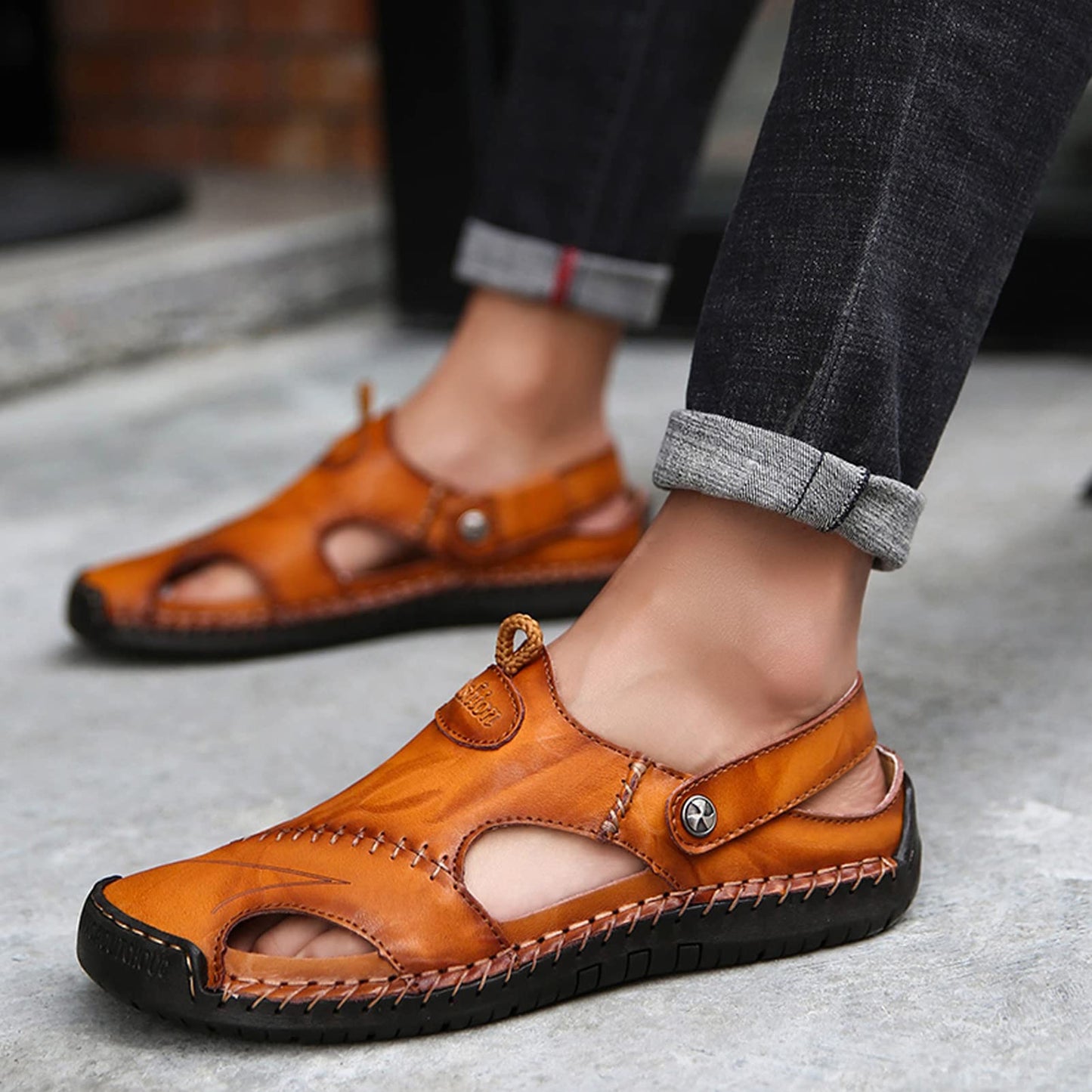 Honeystore Men's Leather Hollow Athletic Sandals Slip-on Roman Casual Shoes