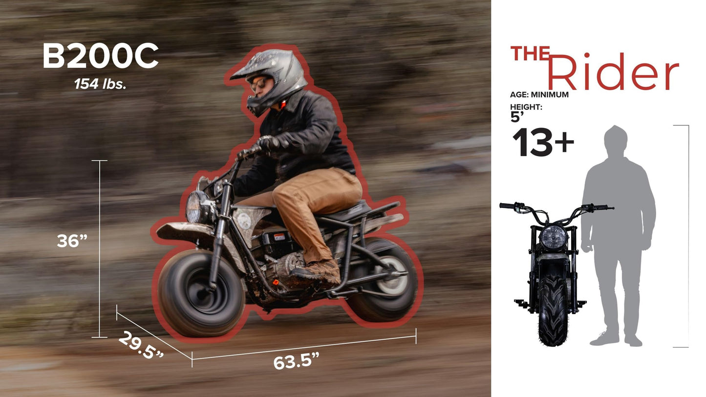 Coleman Powersports B200C 196cc Gas Powered Camo Minibike for Kids and Adults, 1-Cylinder, 4-Stroke, 23 Mph, 200 lbs Maximum Load, Ideal for Off-Road and Trail Riding