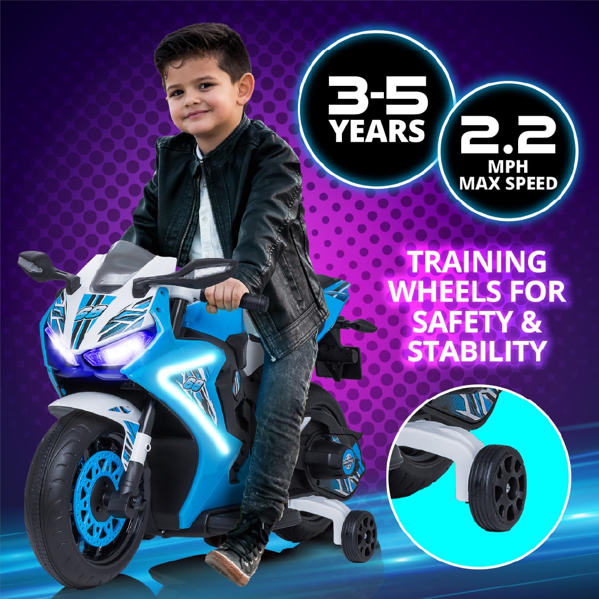 Kid Trax 6V Glow Electric Toddler Kids Motorcycle - Toddler Bike, Indoor/Outdoor Toys, Durable, LED Headlights and Body Light, Realistc Sounds, Kids Ride On Toys, Max Weight 65lbs, Ages 3+, Blue