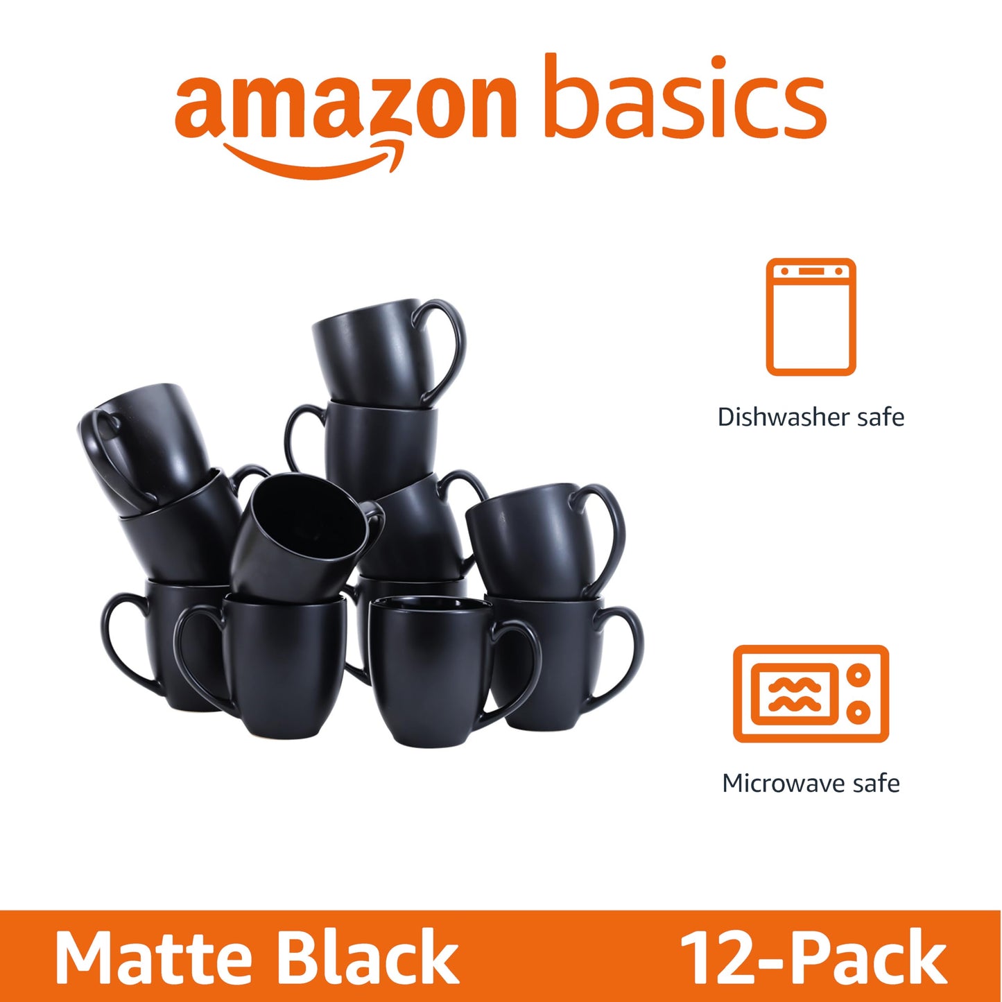 Amazon Basics 12-pack Matte Black Ceramic Coffee Mug, 16 ounces, Microwave-Safe, Stoneware, Commercial-grade