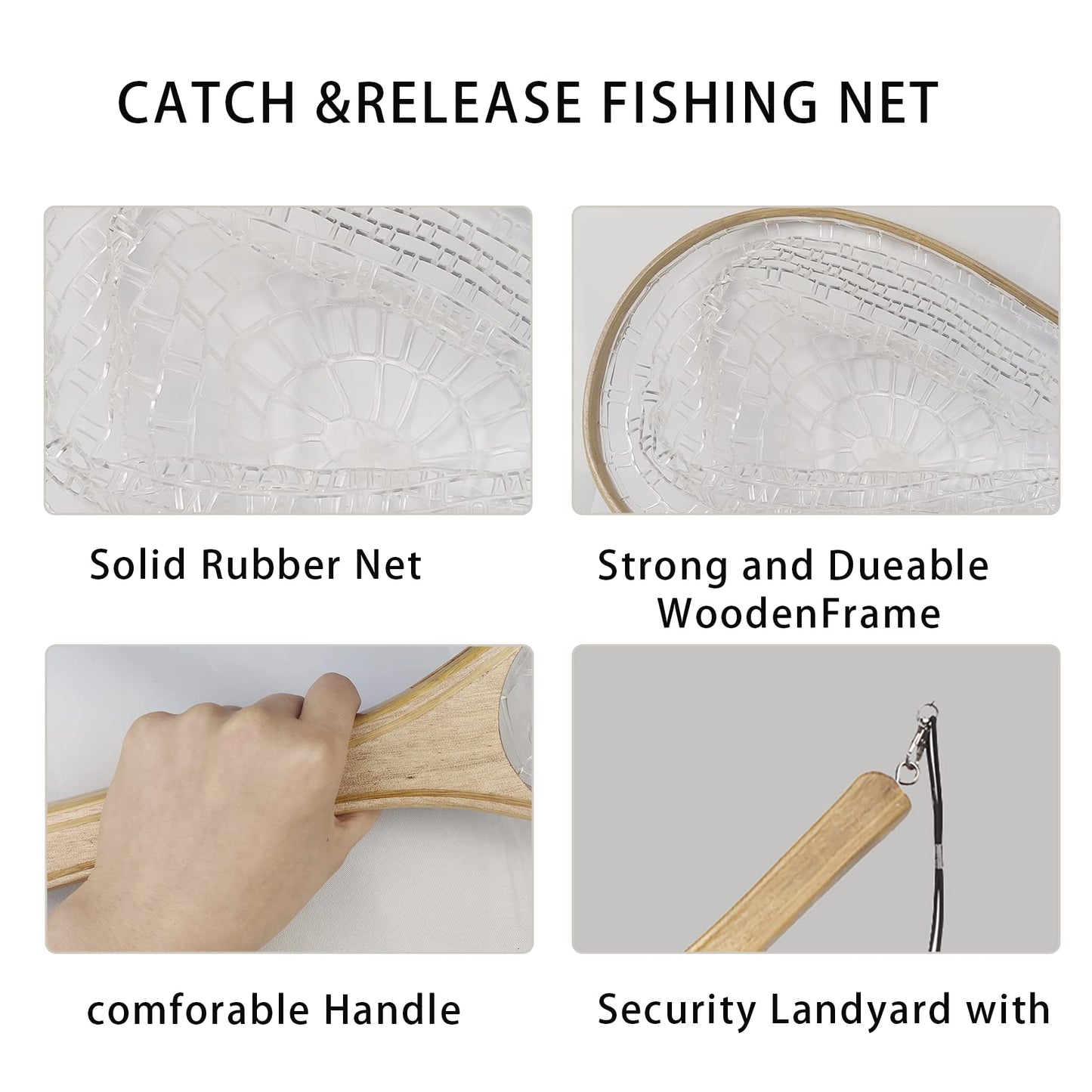 Aventik Wooden Fly Fishing Landing Net with Rubber Ghost Mesh and Magnetic Release - Catch & Release Friendly
