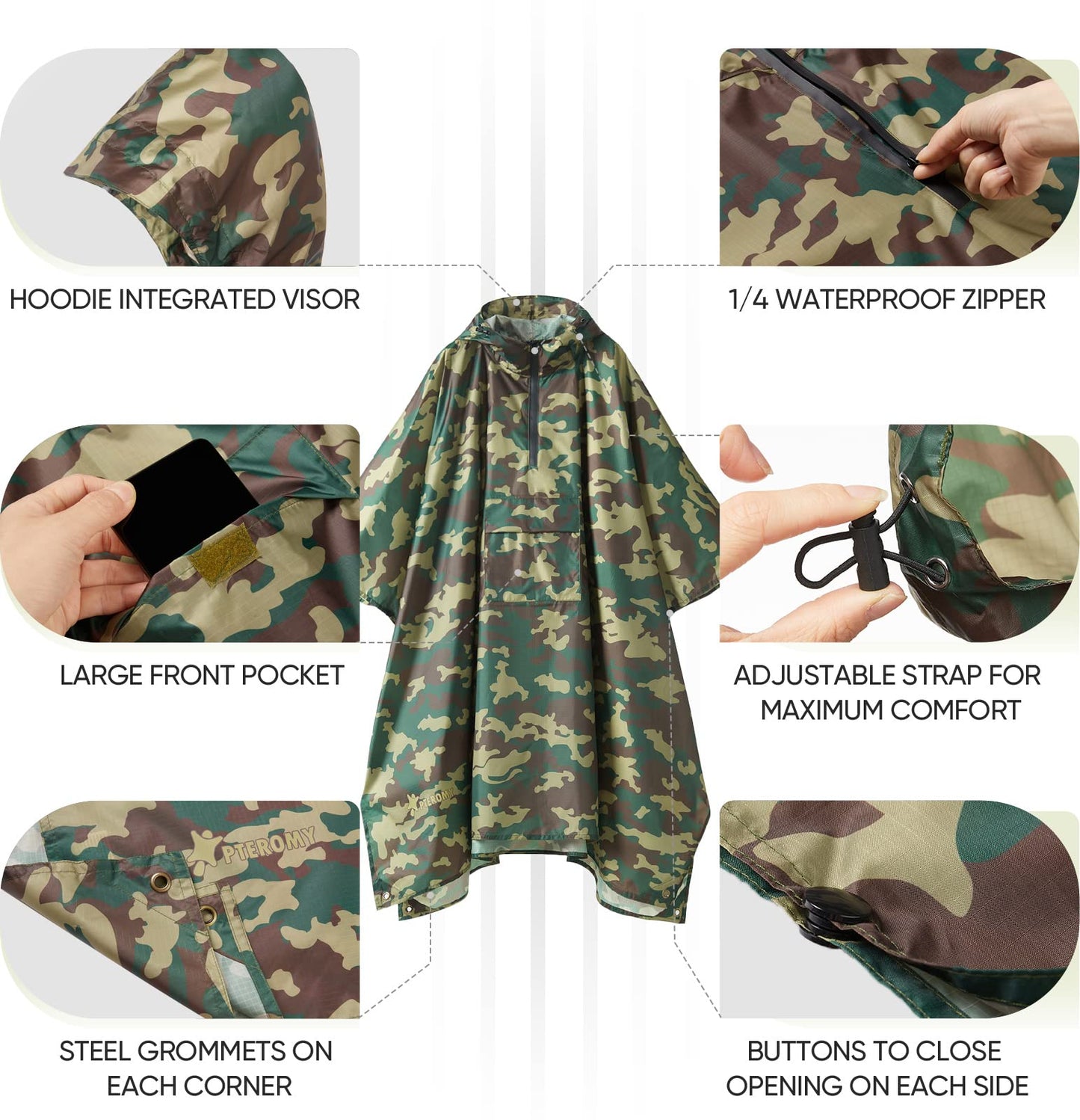 PTEROMY Hooded Rain Poncho for Adult with Pocket, Waterproof Lightweight Unisex Raincoat for Hiking Camping Emergency