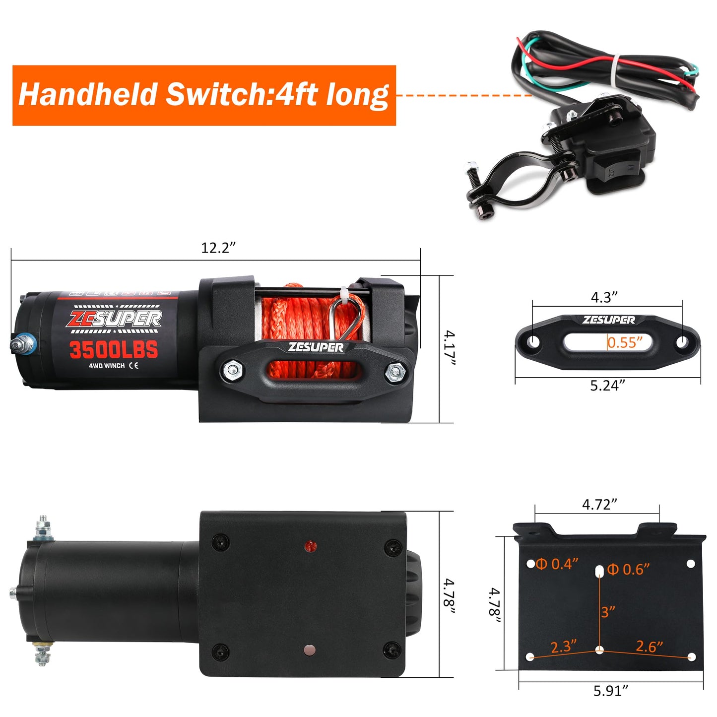 ZESUPER 3000 lb Electric Winch for ATV UTV Trailer Boat Synthetic Rope Winch 12V DC Off Road Towing Winches with Wireless Remote Mounting Bracket