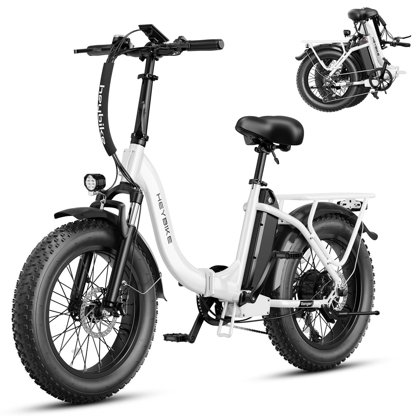 Heybike Ranger Electric Bike for Adults, Peak 1400W Upgraded Motor Ebike, 28MPH [20" Fat Tire All-Terrain] 600Wh Removable Battery Folding Step-Thru E Bike with Front Suspension