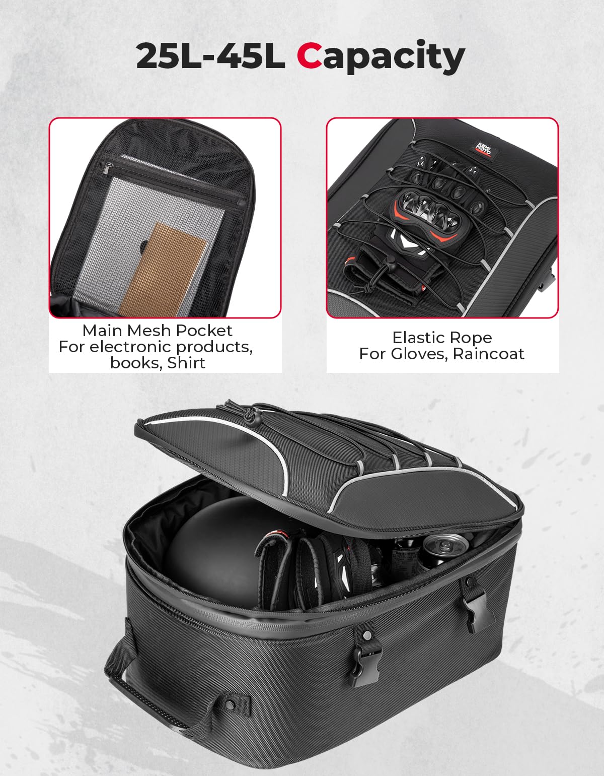 KEMIMOTO Motorcycle Tail Bag, Dual Use Motorcycle Rear Seat Bag with Waterproof Rain Cover, 22L-34L Expandable Motorbike Helmet Bag Luggage Storage Backpack with 6 straps