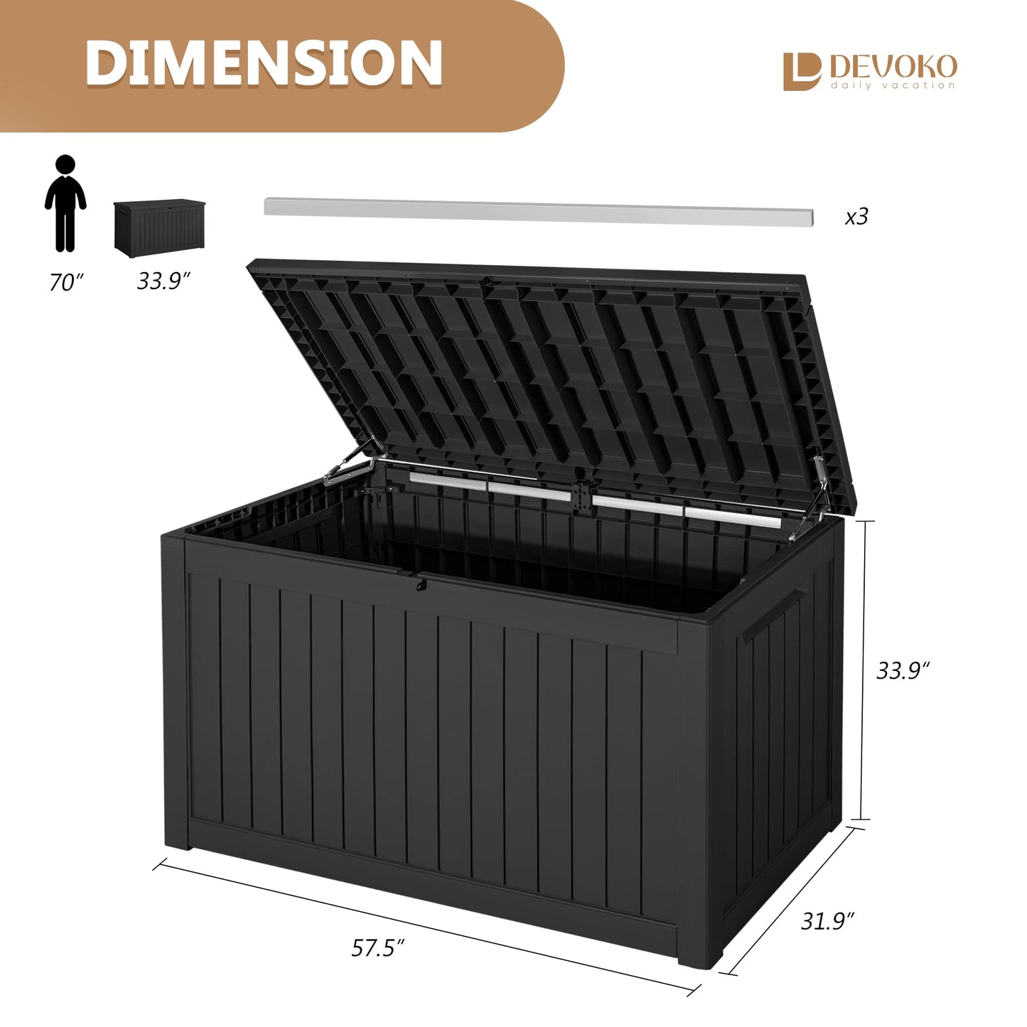 Devoko 100 Gallon Waterproof Large Resin Deck Box Indoor Outdoor Lockable Storage Container for Patio Furniture Cushions Garden Tools (100 Gallon, Black)