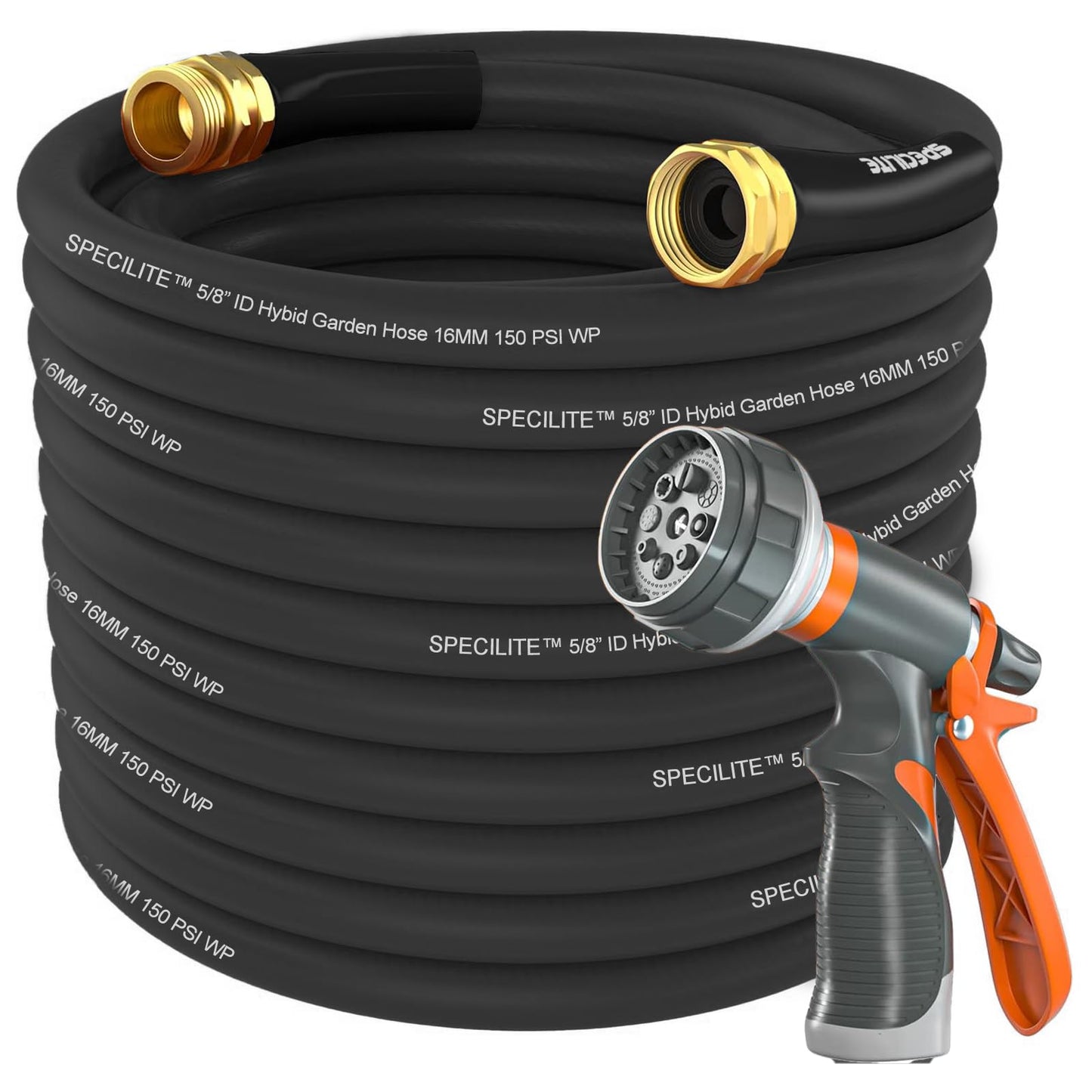 Garden Hose 50 ft x 5/8 in Heavy Duty, Flexible and Lightweight Water Hose, Burst 600 psi, Kink-less Hybrid Rubber Hose for Backyard, 3/4'' Brass Fittings