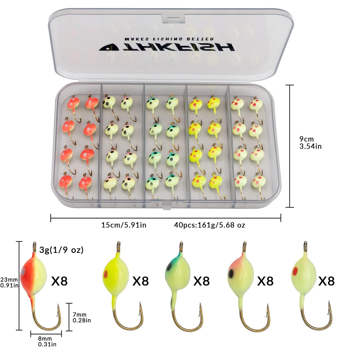 THKFISH Ice Fishing Jigs Kit, Jigs Heads for Ice Fishing Gear, Ice Fishing Lures for Panfish, Crappie, Walleye, Perch, Trout and Bluegill 18/40/70pcs