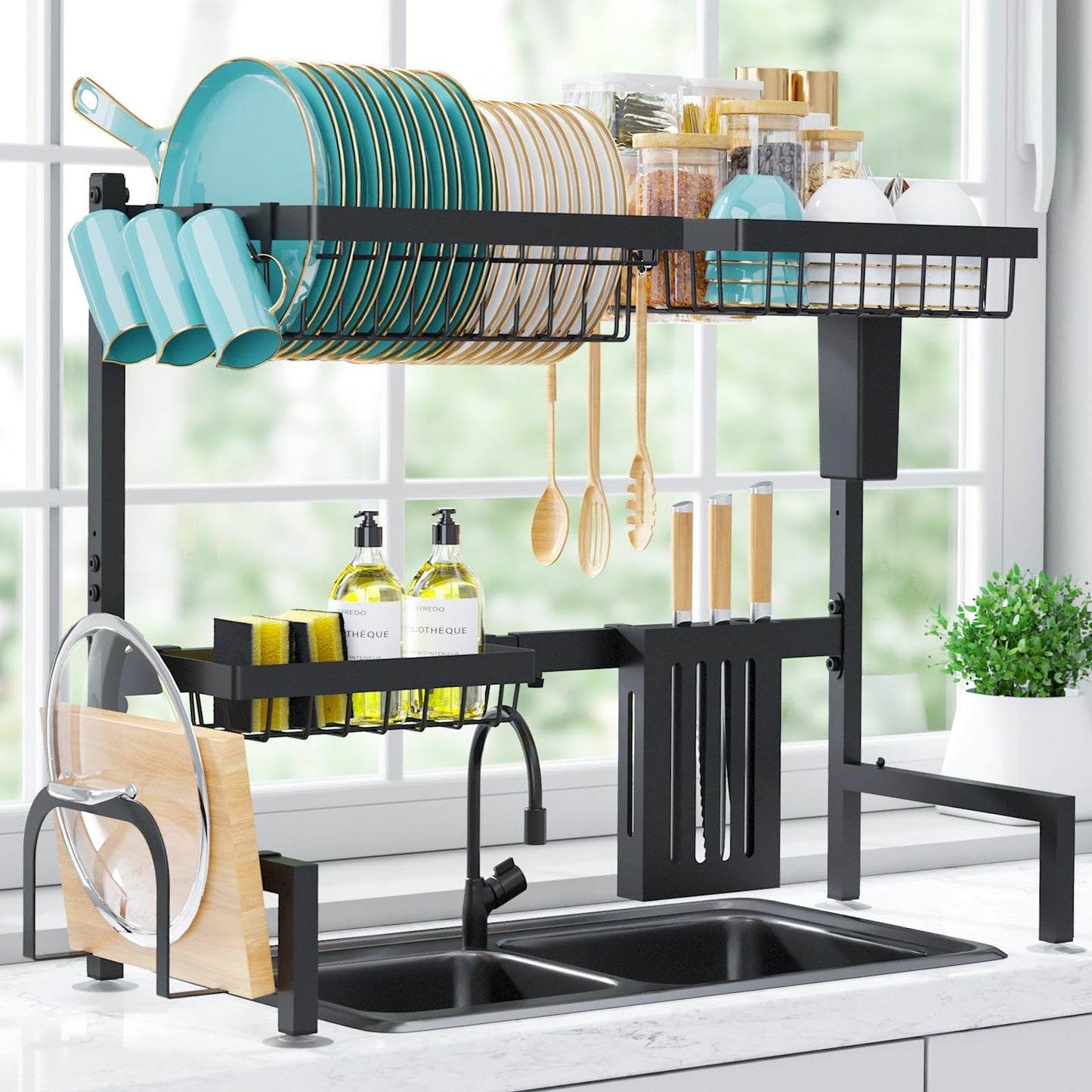Sakugi Over The Sink Dish Drying Rack - Adjustable 2 Tier Large Capacity Stainless Steel Drainer with Cutlery & Utensil Holders, Kitchen Storage & Organization, 30"-33.9" L x 11" W x 21.5" H, Black