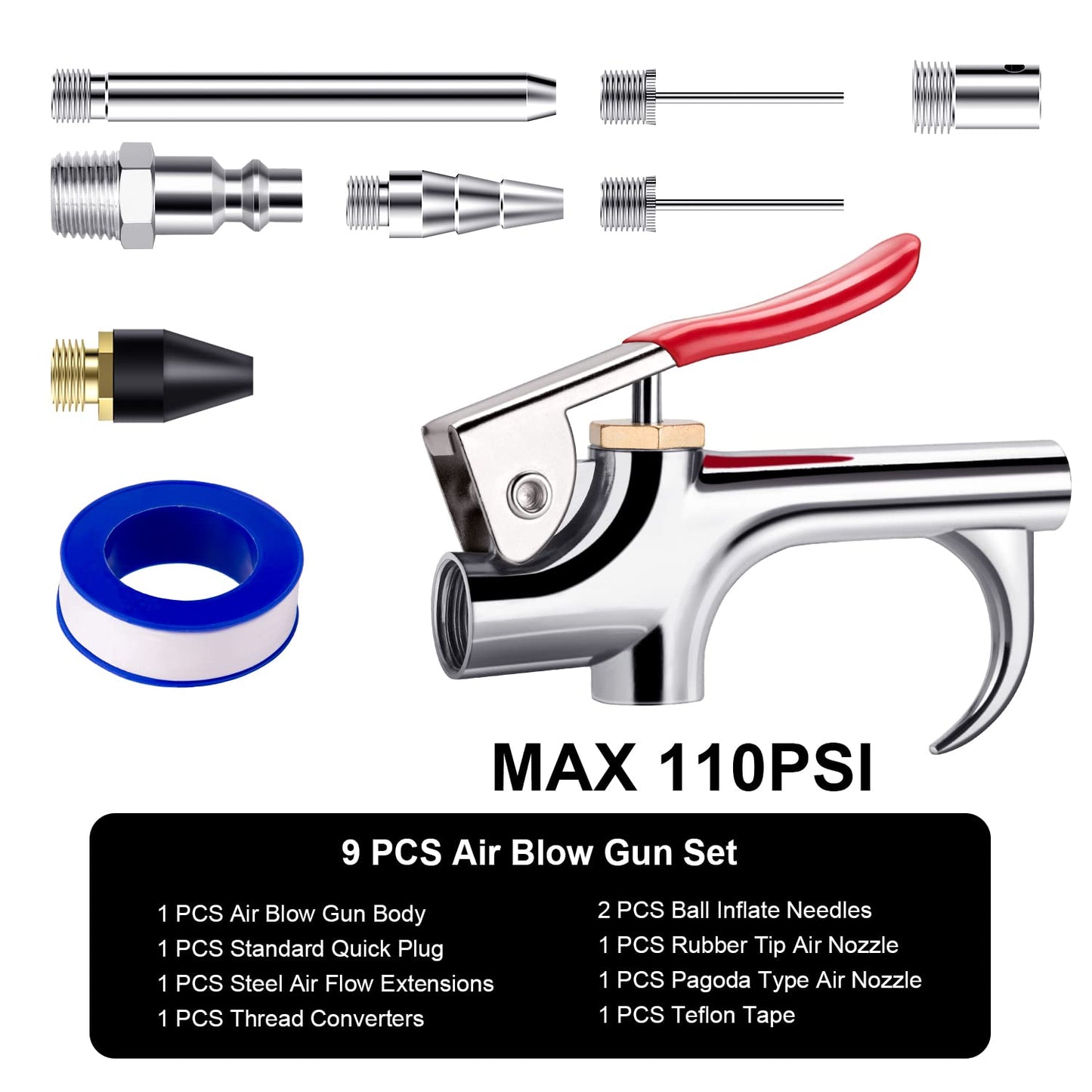 13 Pcs 2-Way Connection Air Nozzle Blow Gun Set, Air Nozzle Kit with 1/4 in Standard Quick Fitting and 8 Air Nozzles, Air Compressor Accessories for Air Inflation and Dedusting