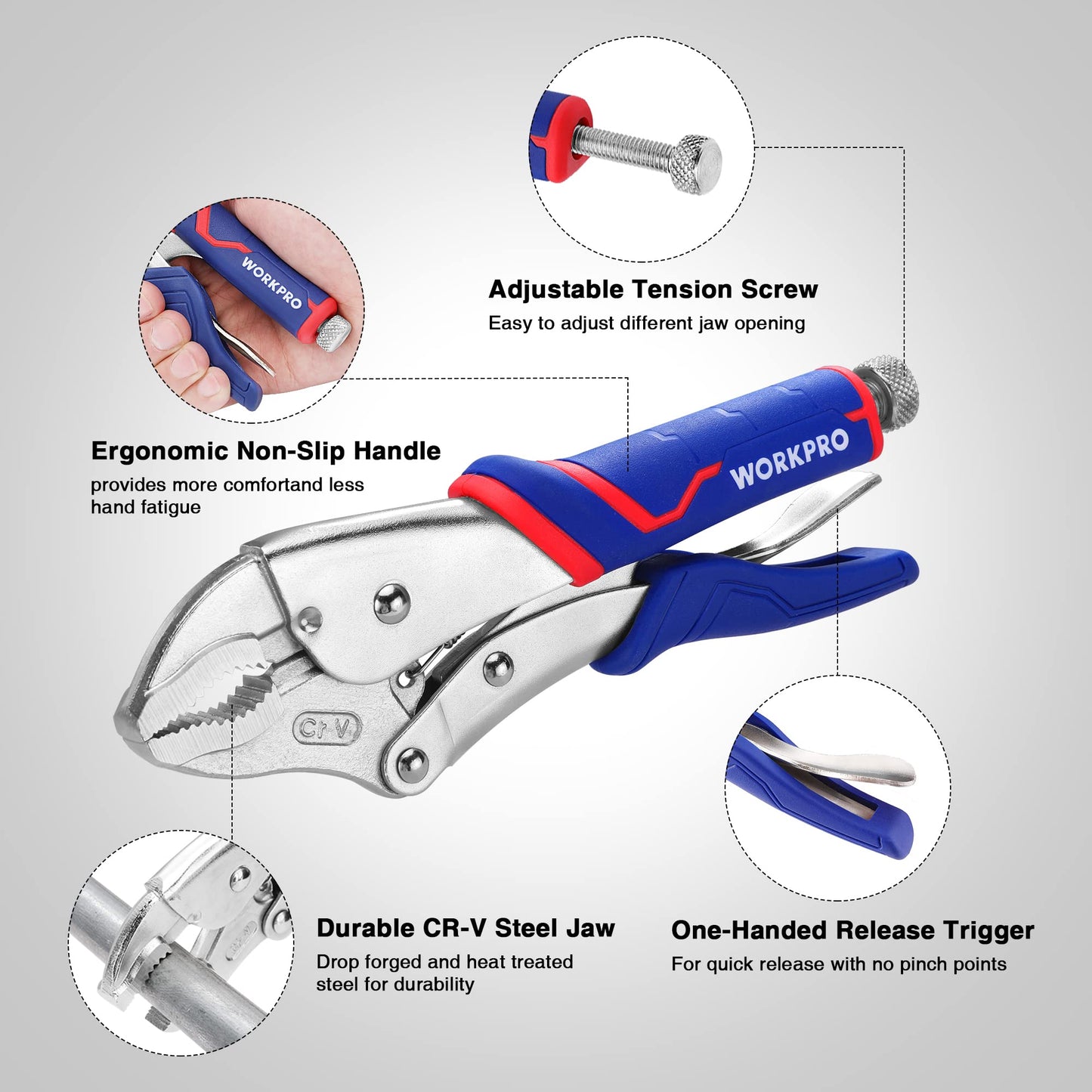 WORKPRO 5-Piece Locking Pliers Set, Pliers Tool Set, Vice Grips with Chrome-vanadium Steel, 5/7/10 inch Curved Jaw Pliers, 6.5/9 inch Long Nose Pliers