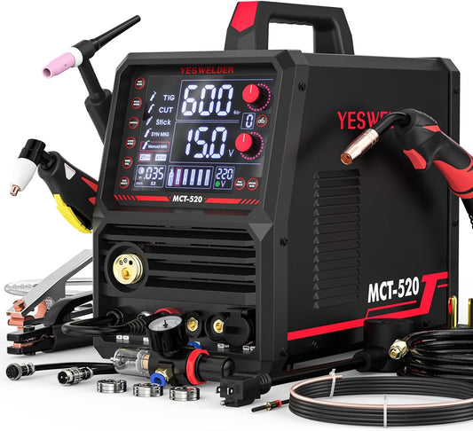 YESWELDER MCT-520 Welders Combo and Plasma Cutter, 6-In-1 MIG/Flux Core/CUT/TIG/Stick/Aluminum Welding, 200A MIG TIG Stick & 50A CUT, 110/220V Dual Voltage Multifunctional Welding Machine