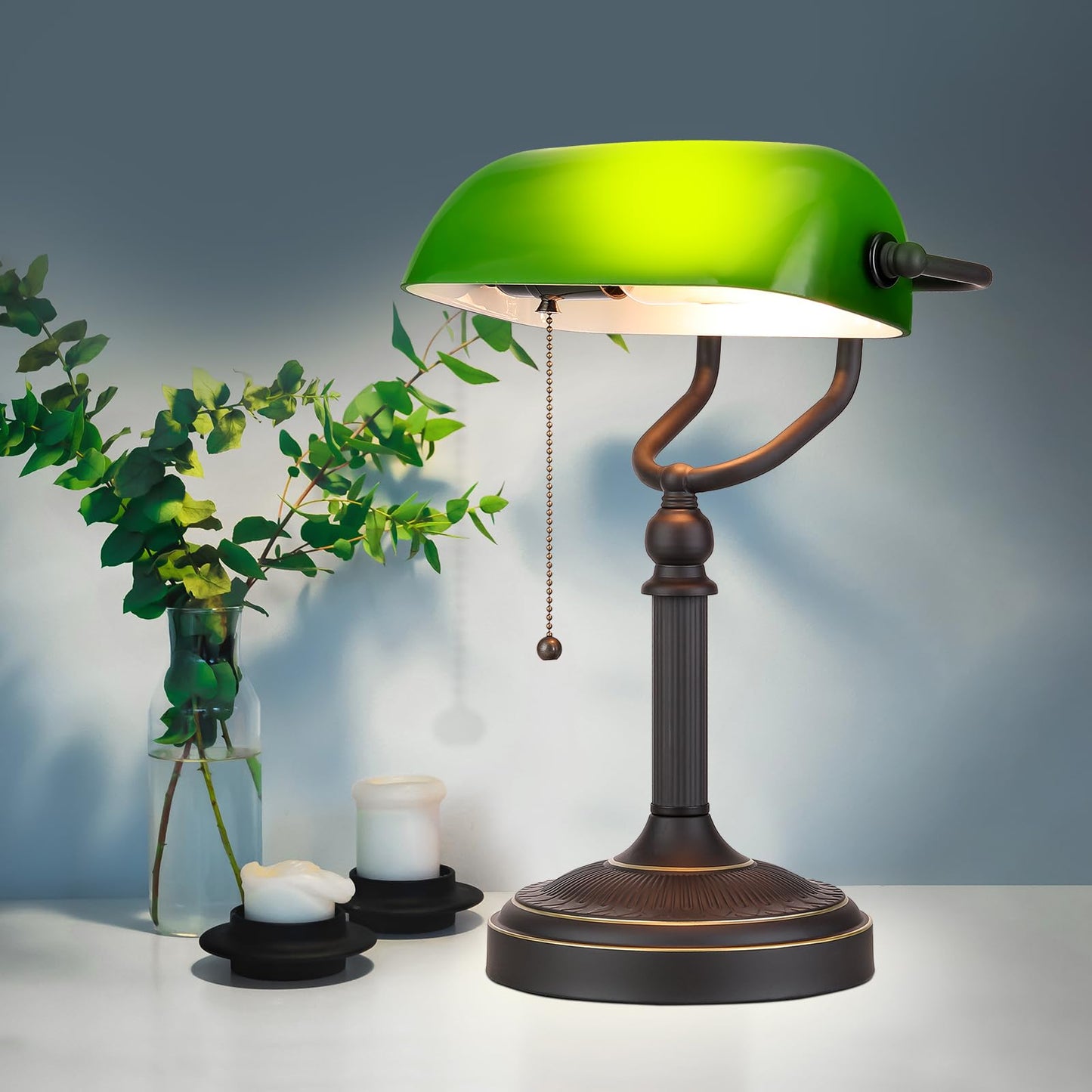 Newrays Antique Green Glass Bankers Desk Lamp with Pull Chain Switch Plug in Fixture