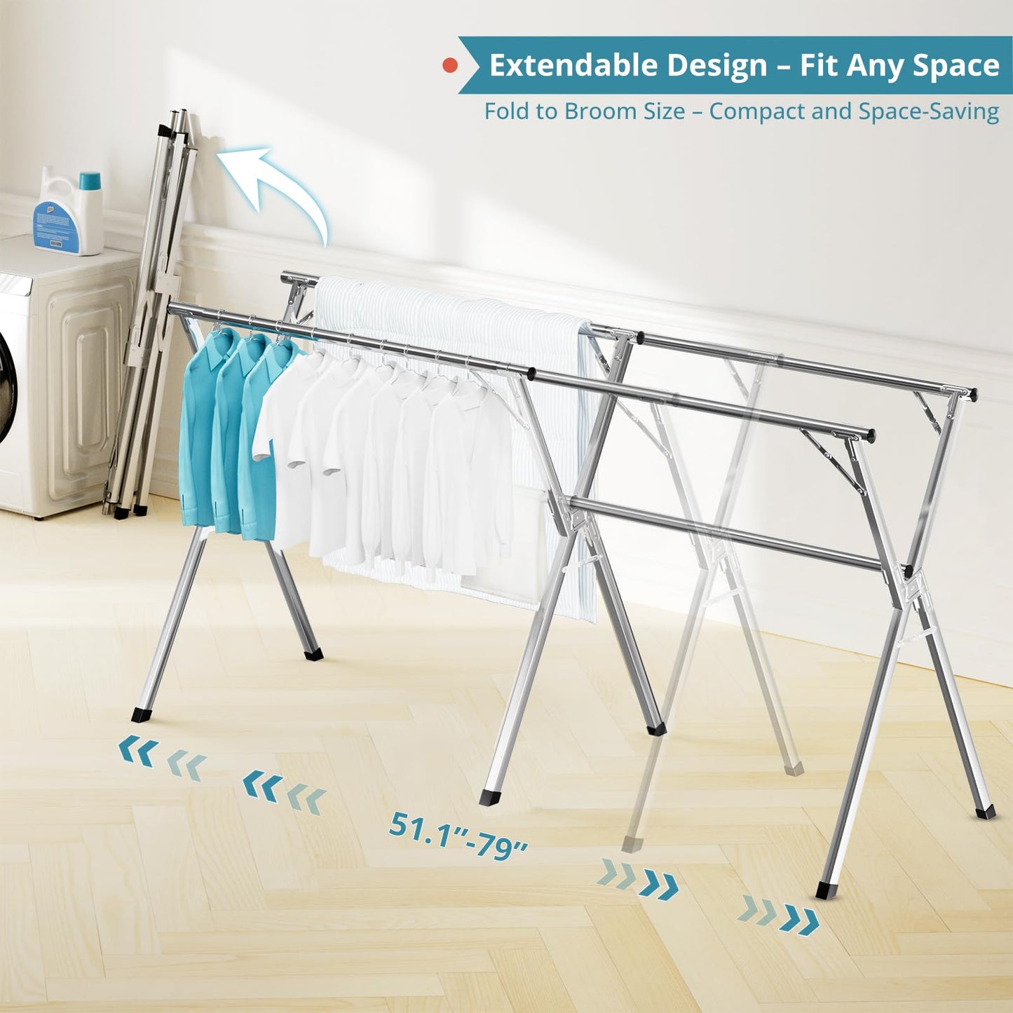 JAUREE 79 Inches Clothes Drying Rack, Drying Rack Clothing Folding Indoor Outdoor, Heavy Duty Stainless Steel Laundry Rack, Foldable Portable Large Clothes Rack Garment Rack with 20 Windproof Hooks