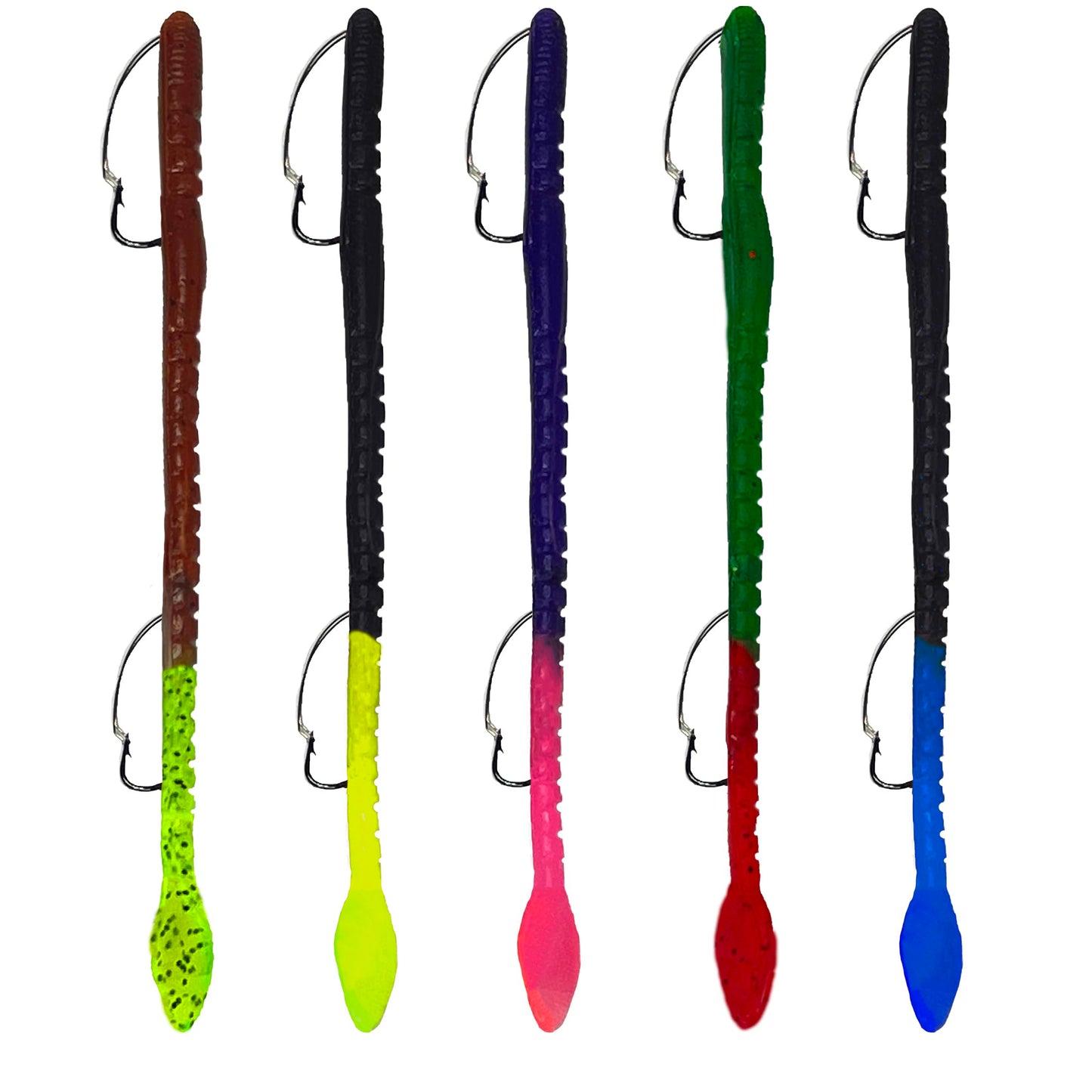 Delong Lures Fishing Lures Bass Set, 10" Pre-Rigged Weedless Swim Bait, Twister Tail Bass Fishing Lures, Extra Durable Soft Plastic Baits for Freshwater - 5 pcs Bass Baits and Lures Pack, Made in USA