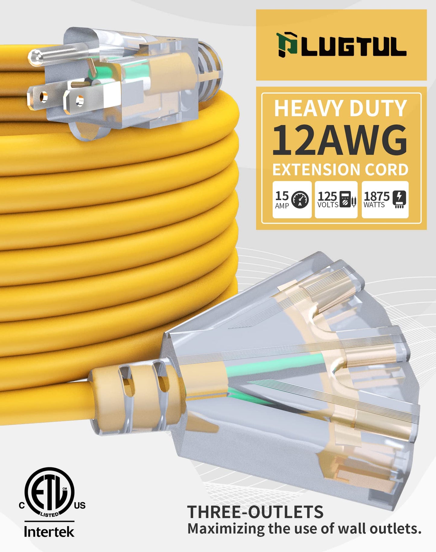 25Ft 12/3 Outdoor Extension Cord with 3-Outlets, Heavy Duty 12 Gauge 3 Prong Extension Cord Waterproof with Lighted end, 15A 12AWG 1875W SJTW, ETL Listed - Great for Garage, Garden and Home, Yellow
