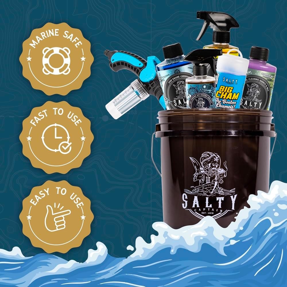 Salty Captain Boat Wash Kit – All-in-One Boat Cleaning Starter Box with Premium Marine-Grade Products & Bucket – Includes Boat Wash N Wax, Hose Foam Cannon & Engine Flush – Eco-Friendly & Easy to Use