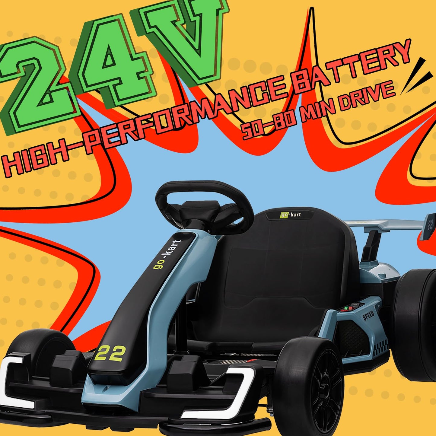 Kerry Yoo Go Kart Electric Drift Kart Car with Adjustable Seat, 24V Outdoor Ride on Toy with 4 Speed Mode, Crazy Cart for Kids 6-12 Years Old, Fast 300W Motor, 8.5 MPH, LED Lights, Bluetooth - Red