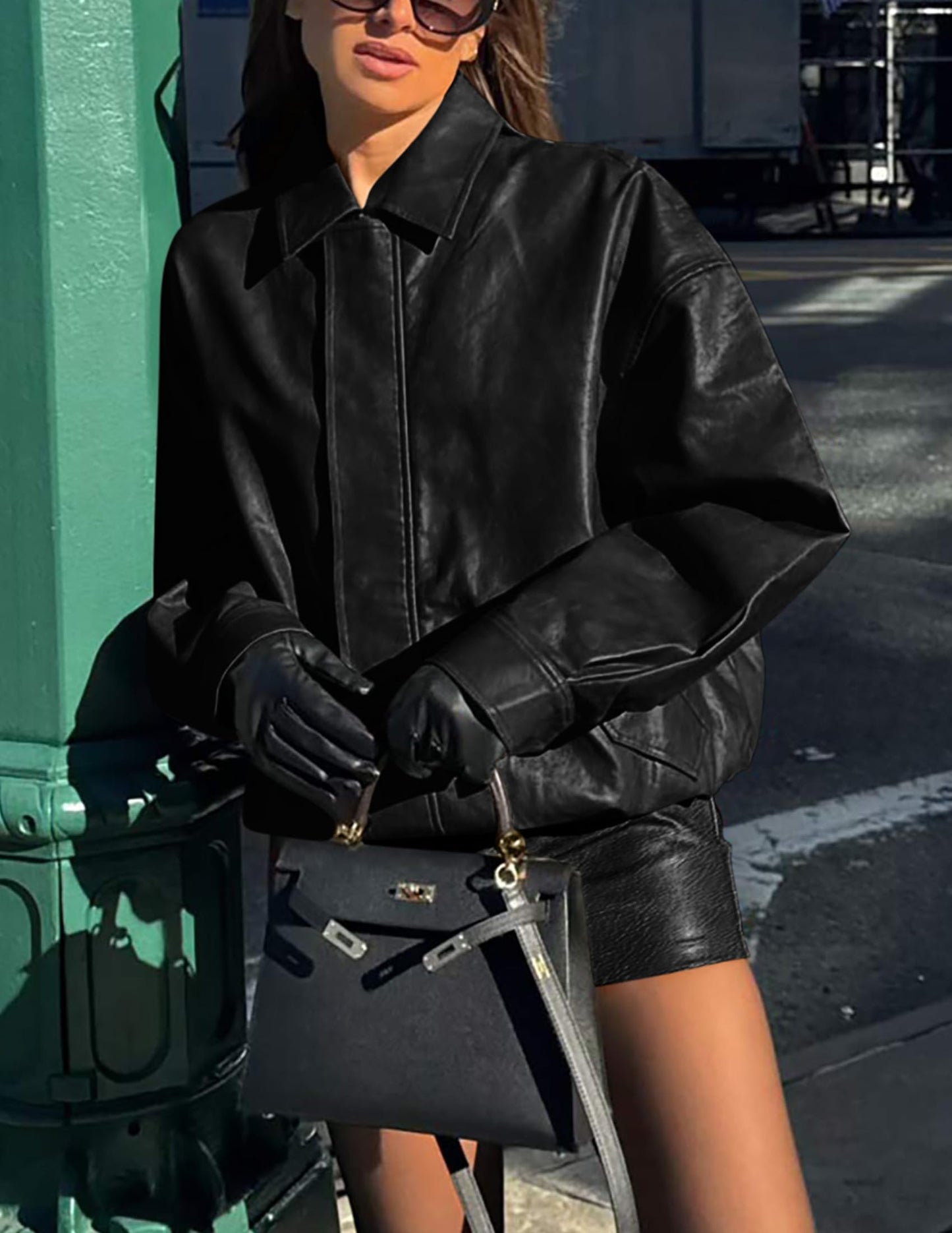PRETTYGARDEN Women's Faux Leather Motorcycle Jacket Trendy Fall Spring Clothes Oversized Zip Up Winter Coat Outerwear