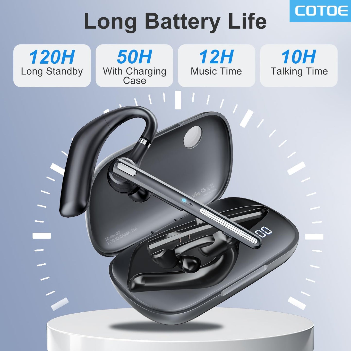COTOE Bluetooth Headset V5.3, Wireless Earpiece with 500mAh Charging Case Hand-Free Headphones Noise Canceling Mic for Office/Driving/Business
