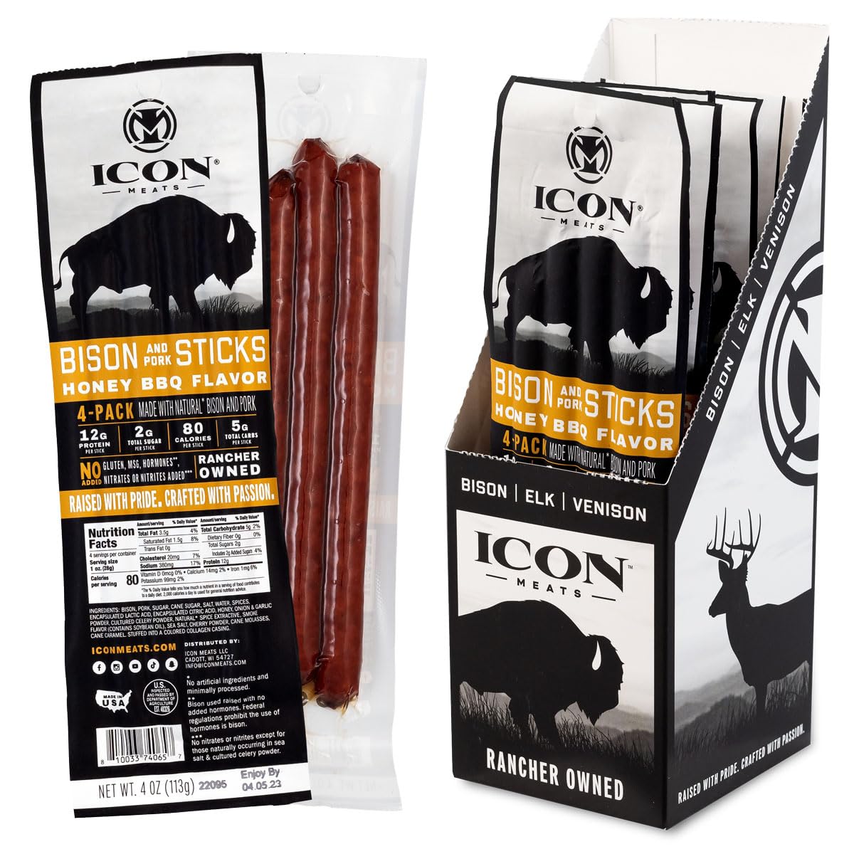 ICON Meats Snack Sticks Sampler - Assorted Flavors of Bison, Elk, Venison and Pork Jerky Sticks - 24 Pack of Individually Wrapped Meat Sticks, 6 Per Flavor – USDA Approved, All Natural Artisan Meats