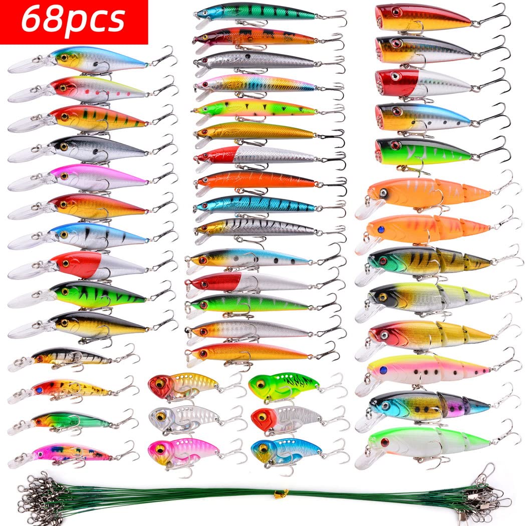 Fishing Lures Kit Mixed Including Minnow Popper Crank Baits with Hooks for Saltwater Freshwater Trout Bass Salmon Fishing