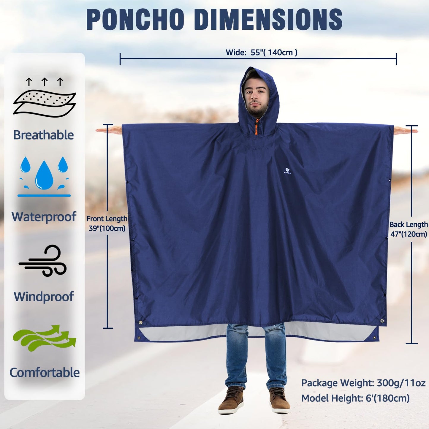 ANYOO Hooded Rain Poncho for Adults Waterproof Lightweight Rain Coat for Men Women Reusable Rain Jacket for Emergency Outdoor