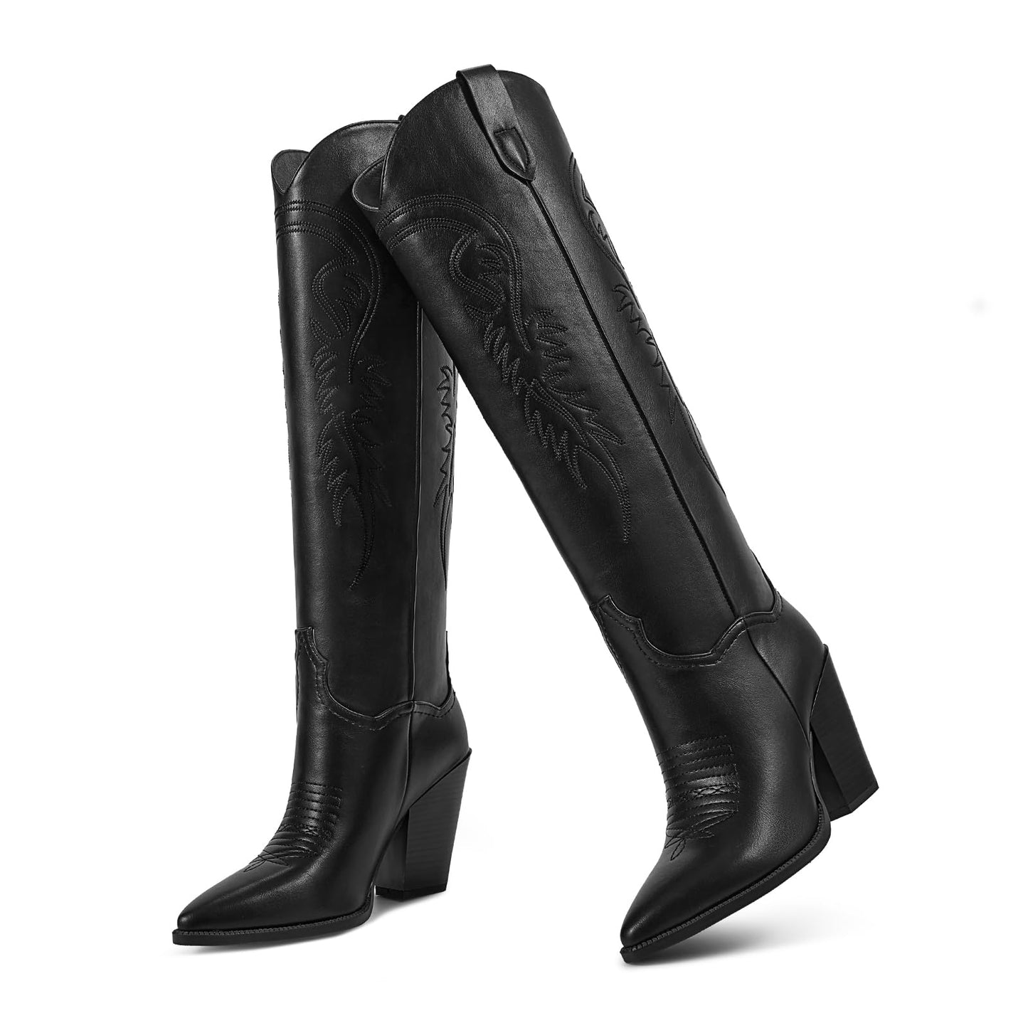 ISNOM Women's Cowgirl Boots Pull On Knee High Boots, Cowboy Western Embroidered Chunky Block Heel Pointed Toes Boots