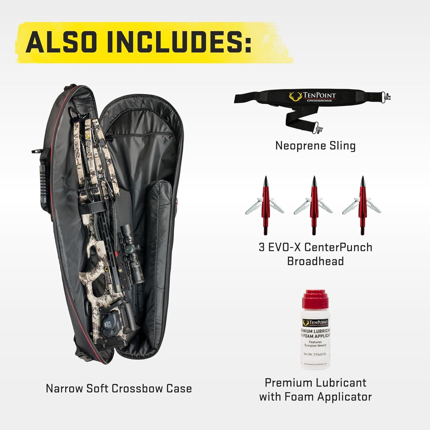 TenPoint Titan 400 Ready-to-Hunt Bundle with 9 Pro Elite 400 Non-Lighted Arrows, 3 Pro Elite 400 Lighted Arrows, 3 EVO-X CenterPunch Broadheads, Narrow Soft Case, Neoprene Sling and Lubricant