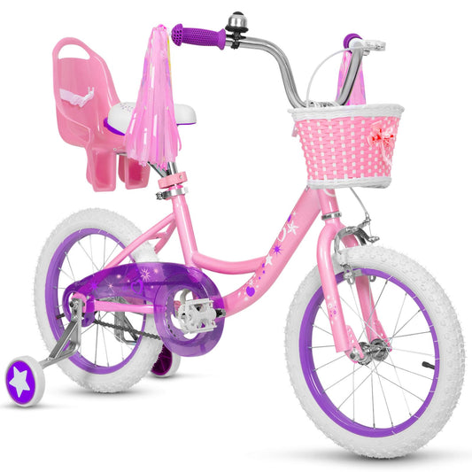 WEIZE Girls Bike for 3-12 Years Old Kids, 14 16 20 Inch Kids Bike with Training Wheels, Streamers, Basket and Doll Seat, Children Bicycles with Coaster Brake, Pink
