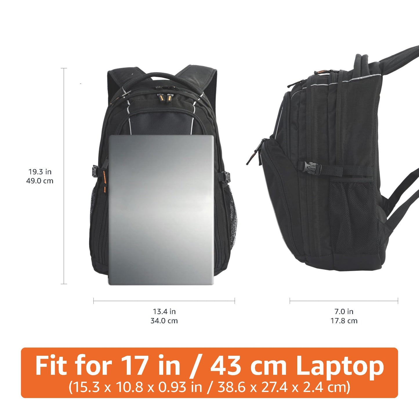 Amazon Basics Padded Laptop Backpack with Water Bottle Pockets, Travel Work Bag with Compartments, Fits Up to 17-Inch Laptops, Black