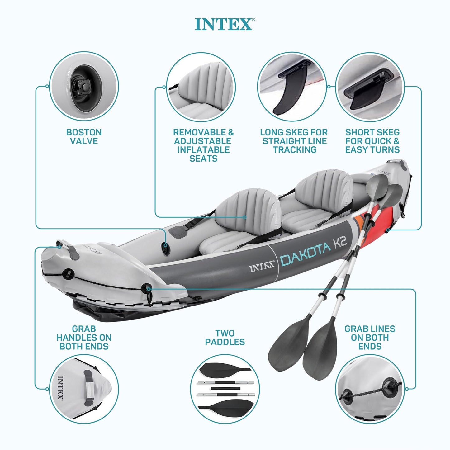 INTEX 2-Person Inflatable Kayak Set, Dakota K2 with 86in Oars and Pump