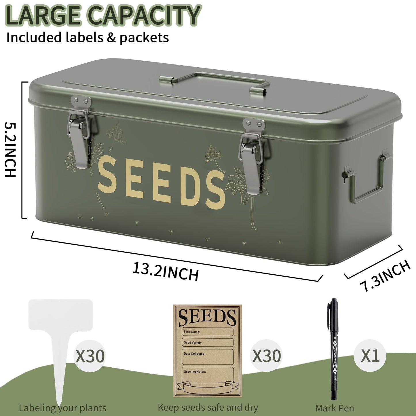Orionstar Seed Storage Organizer, Metal Seed Saving Box with Lid, Seed Bin with 30 Plant Labels 30 Seed Envelopes 1 Marker Pens, 4 Compartments Box with Safety Locks, Blackish Green