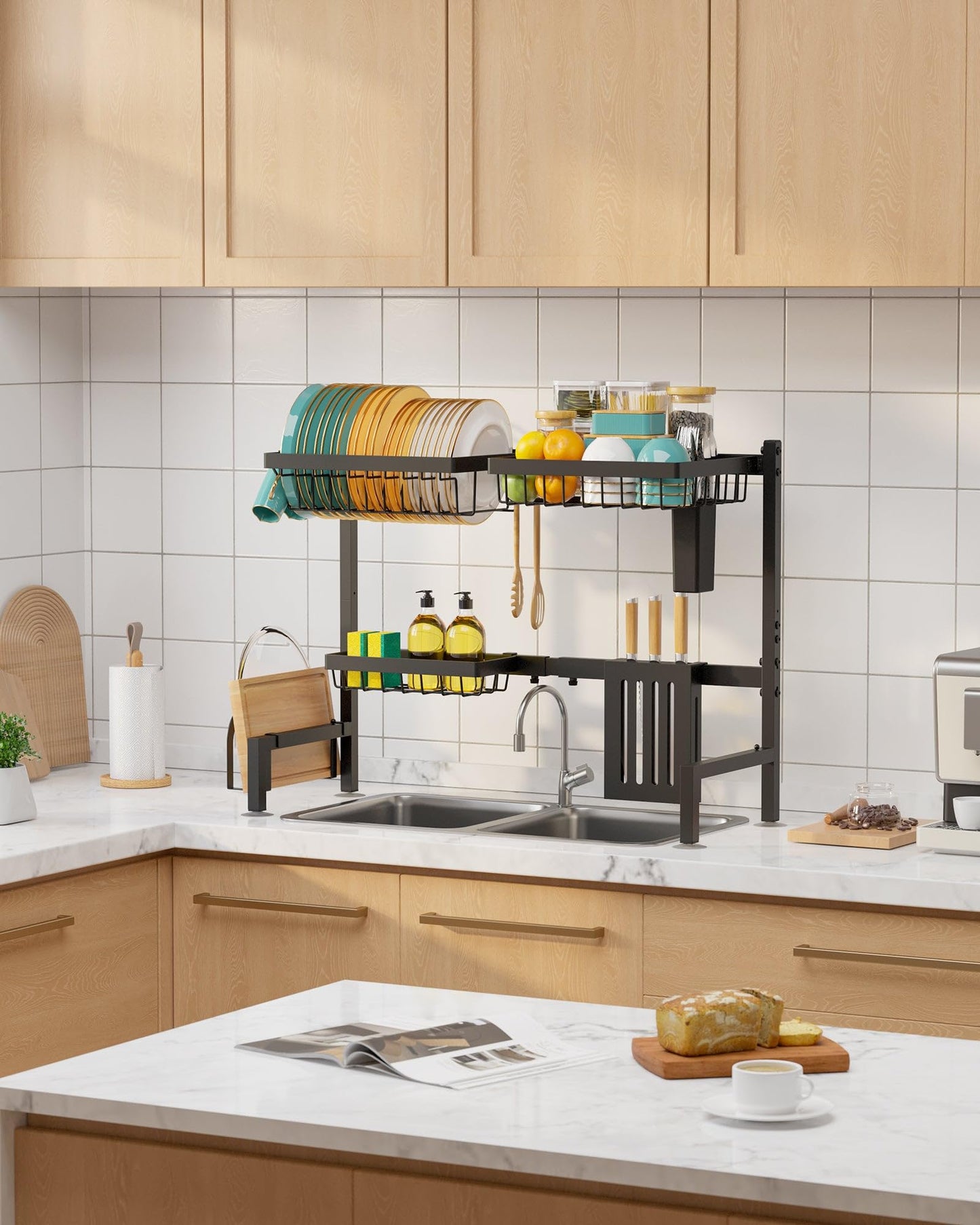 Sakugi Over The Sink Dish Drying Rack - Adjustable 2 Tier Large Capacity Stainless Steel Drainer with Cutlery & Utensil Holders, Kitchen Storage & Organization, 30"-33.9" L x 11" W x 21.5" H, Black