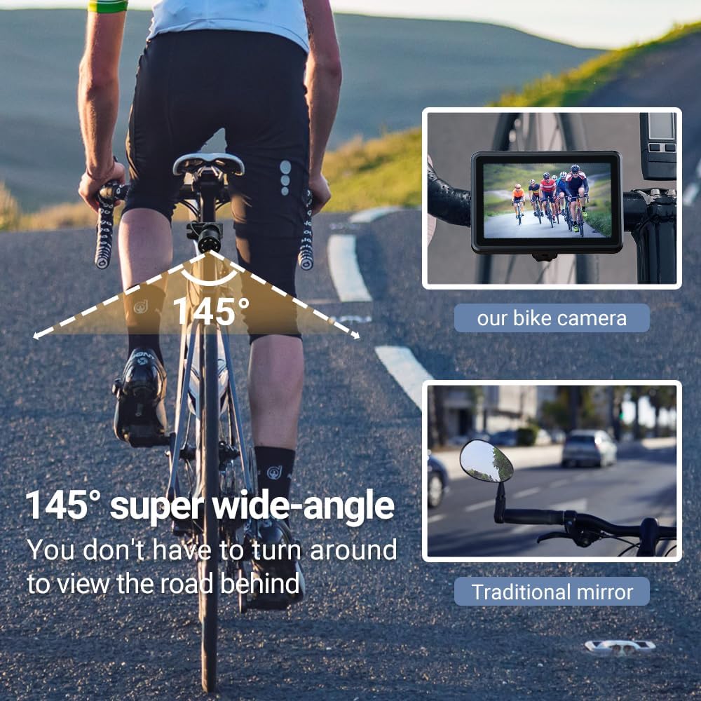 FEISIKE Handlebar Bike Mirror, Bicycle Rear View camera with 4.3'' HD Night Vision Function, 145° Wide Angle View, Adjustable Rotatable Bracket, Compatible with Bicycle, Mountain, Road Bike