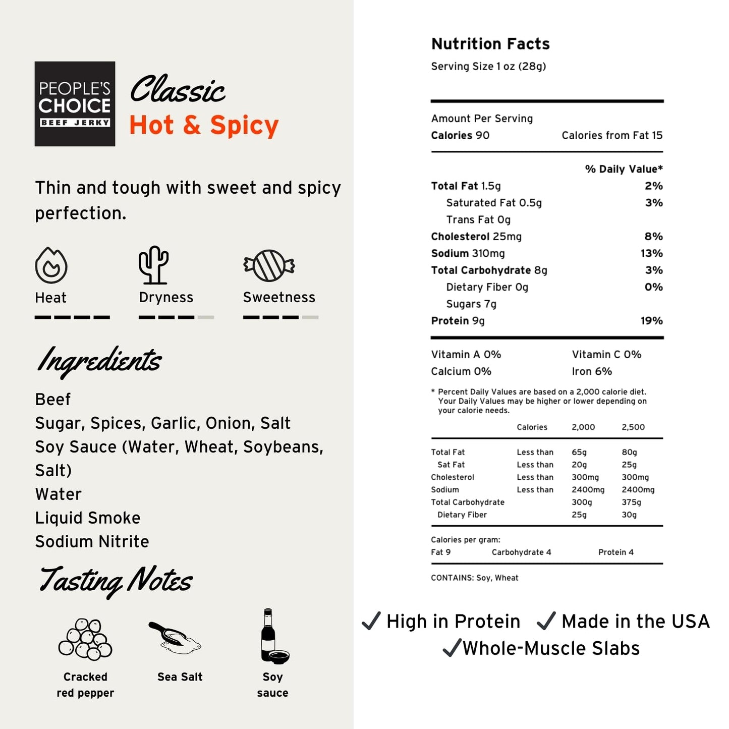 People's Choice Beef Jerky - Classic - Hot & Spicy - Big Slab - Whole Muscle Premium Cuts - Bulk Jerky Package - Thin Sheets - Low Sodium Low Salt High Protein Meat Snack - 15 Count, 1 Bag