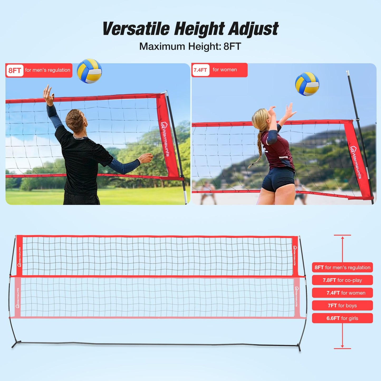 WARMOUNTS 18 FT Portable Volleyball Net for Backyard, Freestanding Volleyball Net with Height Adjustable & Easy Setup, Outdoor Volley Ball Practice for Hitting or Serving, Carry Bag