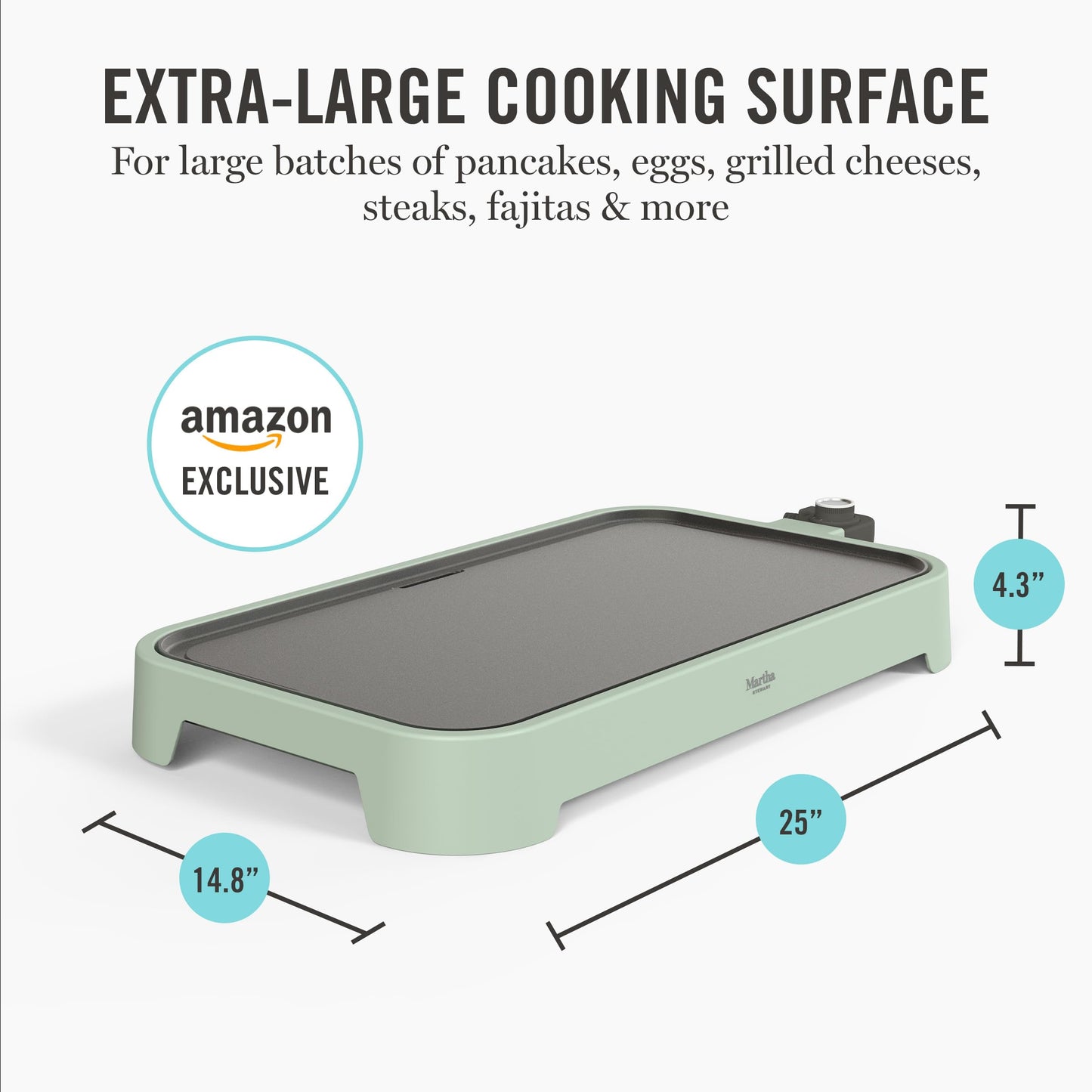 Martha Stewart 12” x 22” Electric Griddle, XL Ceramic Nonstick Flat Top Cooking Surface, Adjustable Temperature Dial, Drip Tray, Dishwasher Safe, 1500W Fast Even Heating, Pancakes & Eggs, Linen White