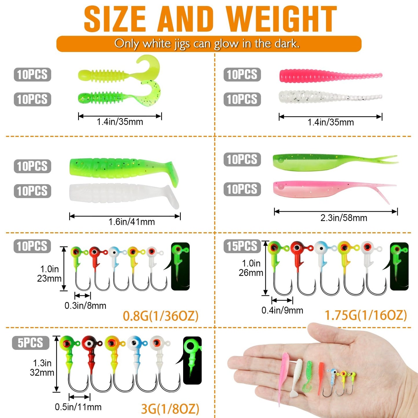 Dovesun Crappie Lures with Jig Heads Kit, Soft Plastic Grubs-Tube Baits 1/8oz 1/16oz 1/32oz Crappie Jigs Walleye Trout Bass Crappie Baits 95-120pcs