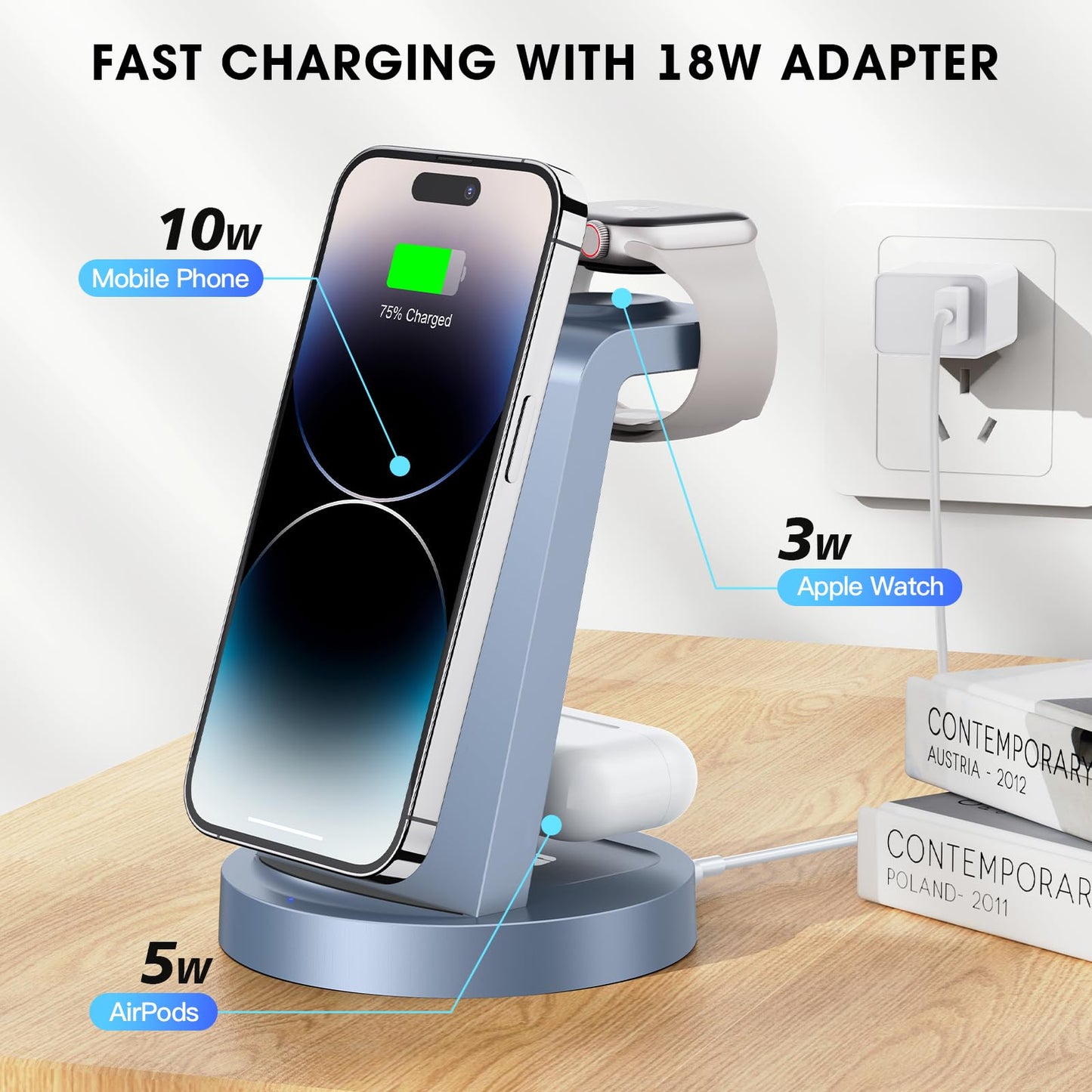3 in 1 Charging Station for iPhone, Wireless Charger for iPhone 16e 16 15 14 13 12 11 X Pro Max & Apple Watch - Wireless Charging Station for AirPods 4 3 Pro