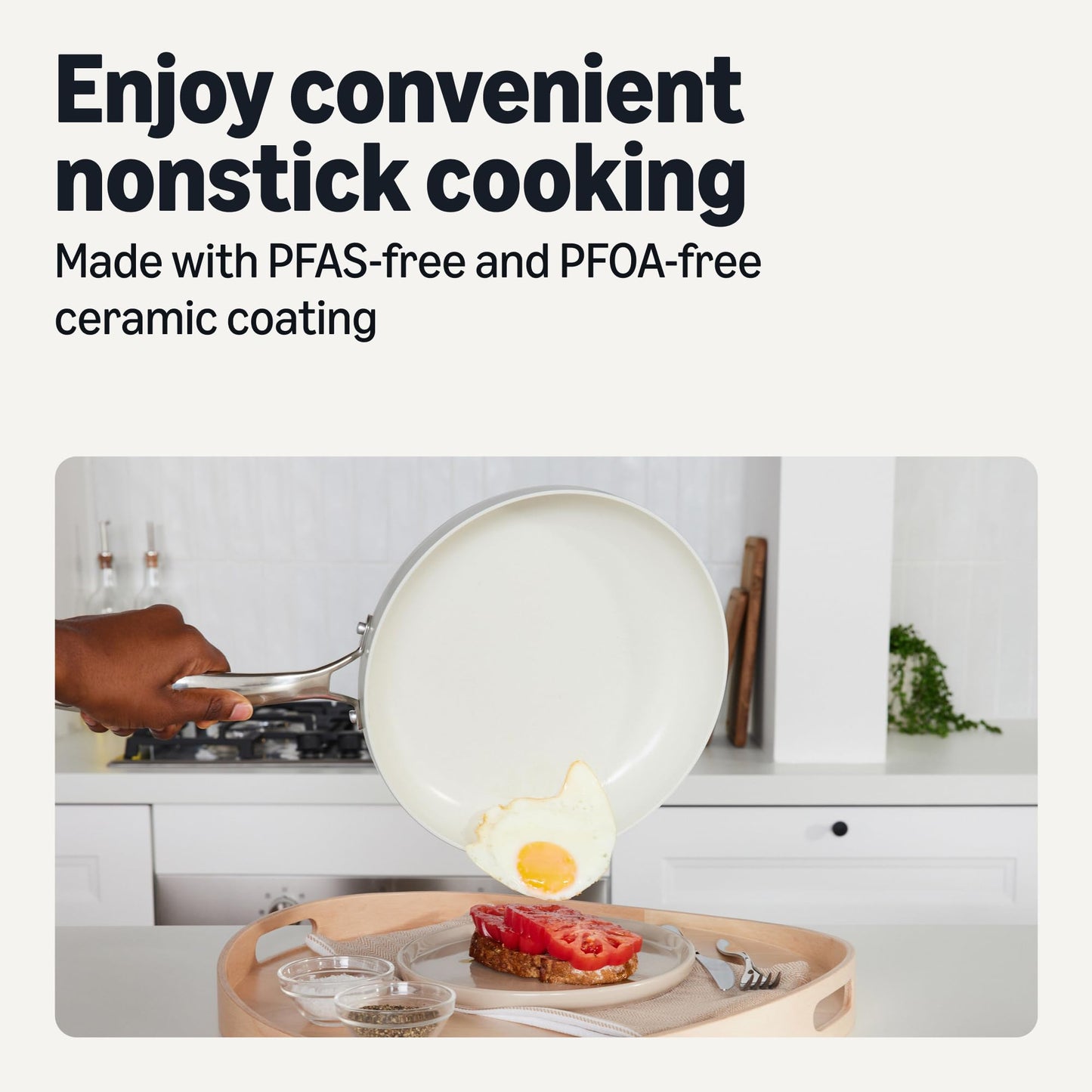 Amazon Basics Ceramic Nonstick Cookware, 8-Piece Set of Pots and Pans, Dishwasher and Oven-Safe, All Cooktop Friendly, Linen Gray